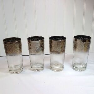 Dorothy Thorpe  Vintage Black Silver  Rimmed Grape Pattern Glasses 4 Rare